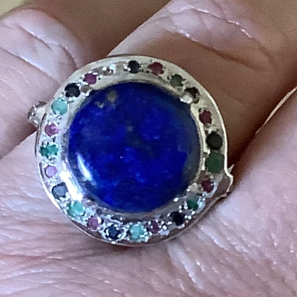 Sterling SILVER 925 LAPIS SURROUNDED EMERALD RUBY BLUE SAPPHIRE RING SIZE US 7.5